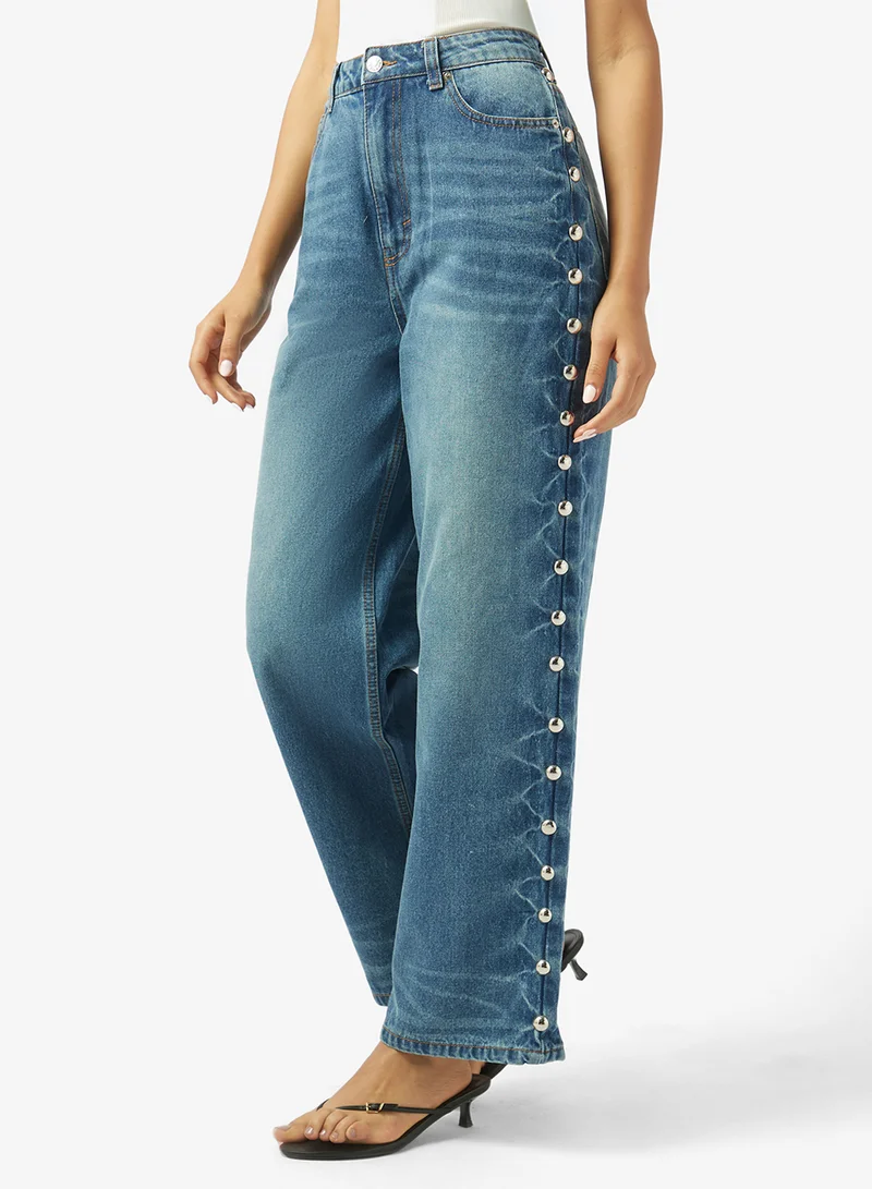 Ginger Mid Rise Straight Fit Jeans with Metal Rivet Detail